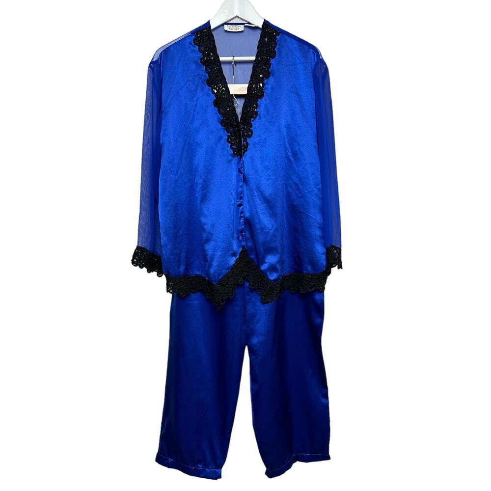 Vintage 80s 90s Victoria's Secret Gold Label Royal Blue Satin Set Medium